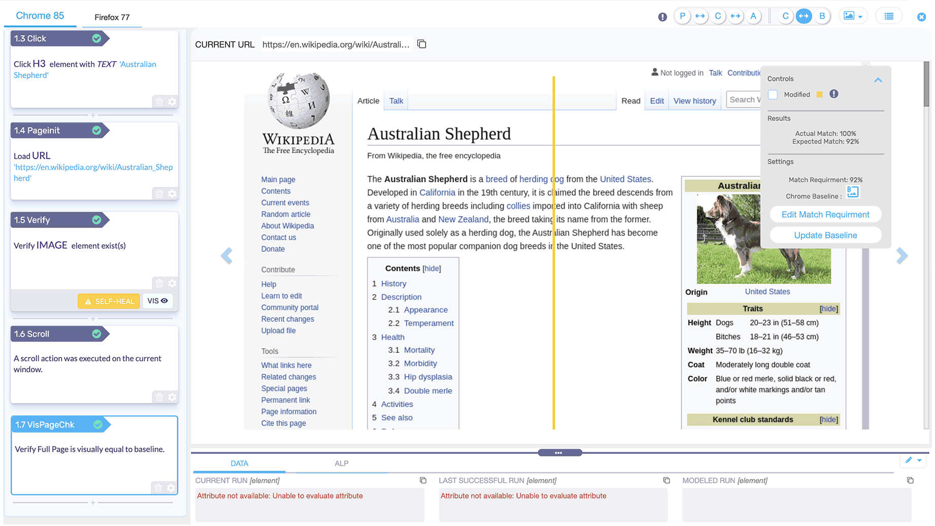 Debugger window with full-page visual verifications