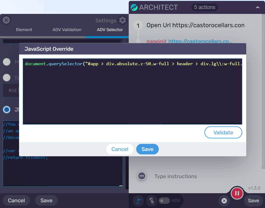 Javascript Selector override (Architect)
