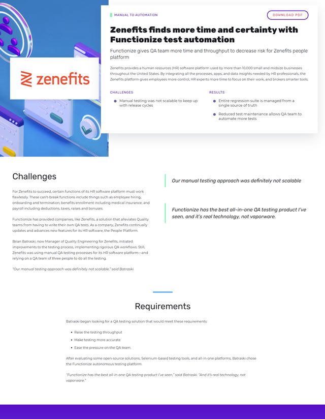 Functionize gives QA team more time and throughput to decrease risk for Zenefits people platform