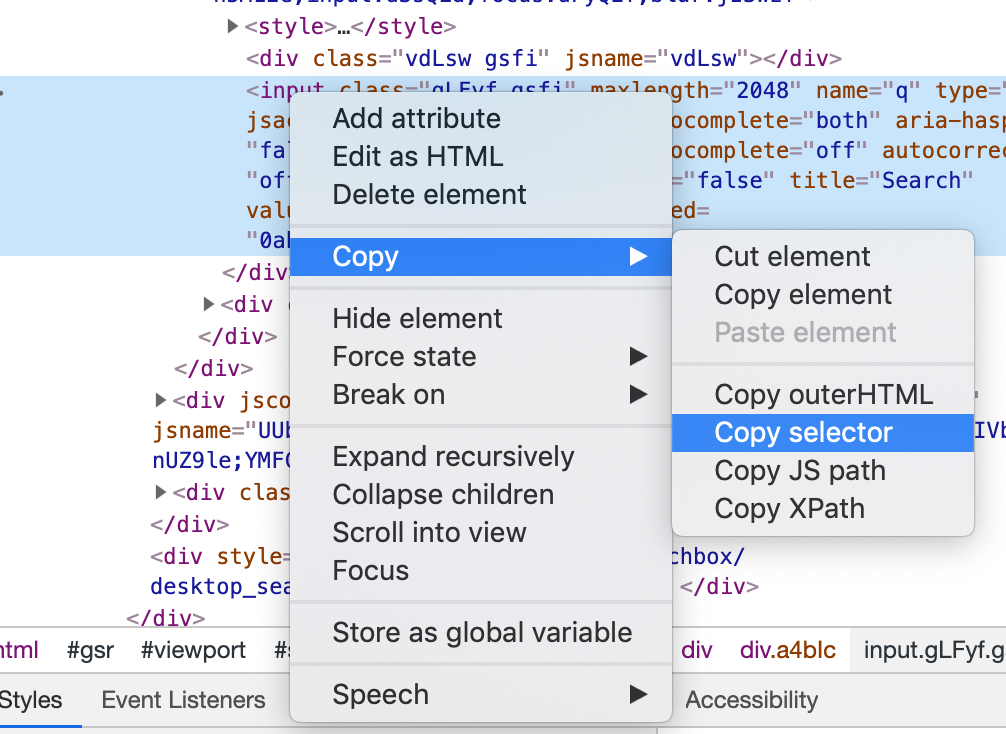 Copy the CSS selector in Chrome Developer Tools